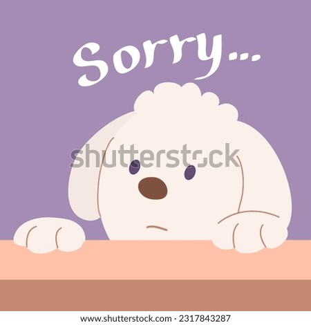 Little cute domestic dog. Sorry text. Feeling guilty and asking for forgiveness. Friendly funny pet. Puppy animal. Flat vector illustration