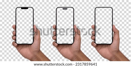 Hand holding smart phone Mockup  and screen Transparent and Clipping Path isolated for Infographic Business web site design app on new generation 