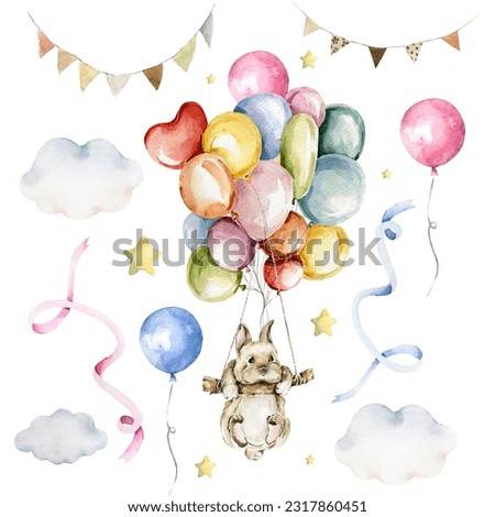 Watercolor baby birthday party set Hand painted clouds, air balloons, cute little flying bunny, rabbit, stars, garland. Isolated on white background Illustration for baby shower invite, nursery decor