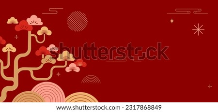 Chinese New Year background. Red and gold Chinese landscape with pine trees and mountains, geometrical vector flat modern style