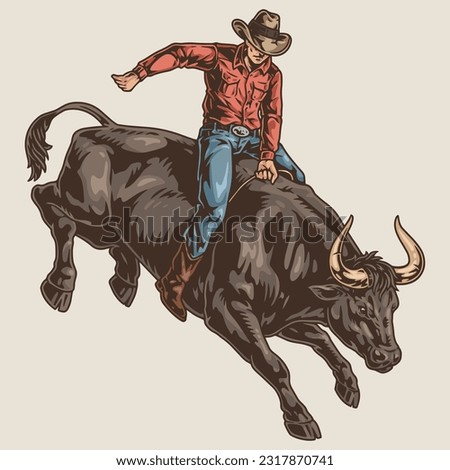 Rodeo bull colorful vintage logotype with daredevil rider riding wild cow to participate in entertaining competitions vector illustration Royalty-Free Stock Photo #2317870741