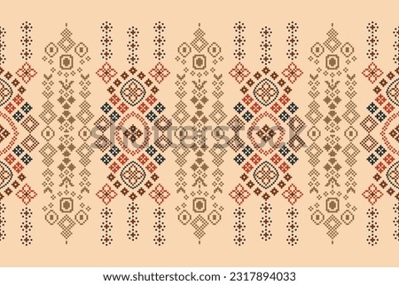 Ethnic geometric seamless fabric pattern Cross Stitch.Ikat embroidery oriental Pixel pattern cream background. Abstract,vector,illustration. Texture,Cross Stitch,frame,decoration,motifs,wallpaper.