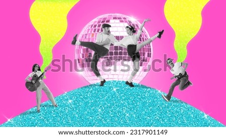 Joyful, positive, happy young man and woman expressively dancing and playing guitar at disco party. Contemporary art collage. Concept of party, leisure time, celebration, event, joy, youth. Ad