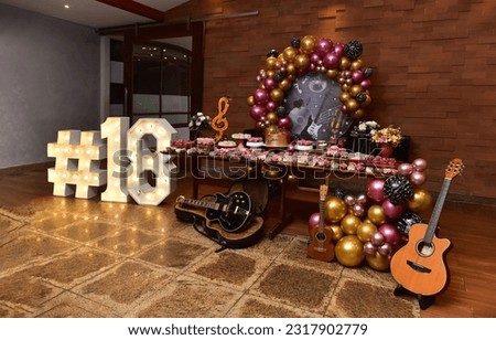 guitar and musical instruments, themed birthday party, music theme, cake table and sweets, ballroom with cake table, #18, birthday party

