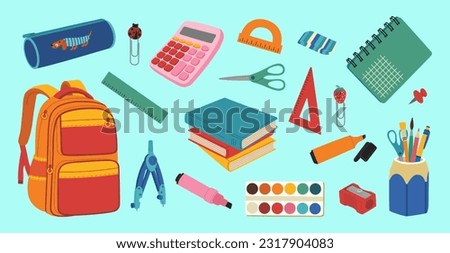 Set of school supplies. Backpack, textbooks, calculator, pencil case, paints, pencil, markers, notebook, clip. Hand drawn vector illustration isolated on blue background. Flat cartoon style.