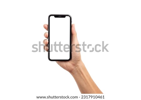 Hand business man holding mobile smartphone with blank screen with space for inserting advertising text. isolated on white background with clipping path Royalty-Free Stock Photo #2317910461