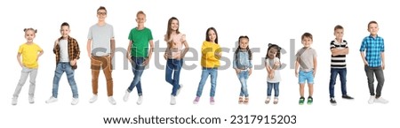Cheerful children of different ages on white background. Collage design Royalty-Free Stock Photo #2317915203