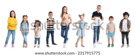 Cheerful children of different ages on white background. Collage design Royalty-Free Stock Photo #2317915775