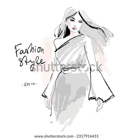 Beautiful young woman in dress silhouette black and white vector drawing sketch. Abstract girl model portrait fashion illustration for modern print design.