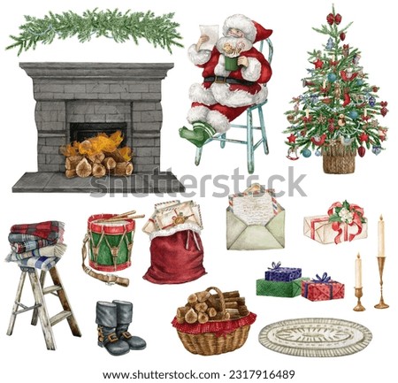 Set of Christmas decorations, Santa Clause,  fireplace, gift boxes, Santa sack, ornaments isolated on white background. Watercolor Christmas sticker icon set. Hand Drawn winter illustration