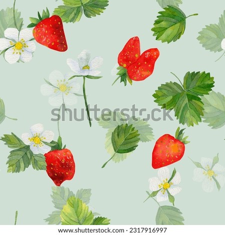 Seamless pattern with strawberries and green leaves. Red strawberry background. A hand-drawn illustration of food. Fruit print. For greetings, logo. Summer sweet and bright fruits and berries.