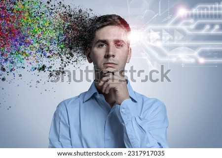 Portrait of pensive young man with colourful paint splatter and glowing circuit lines. Creative and analytical thinking concept. Royalty-Free Stock Photo #2317917035