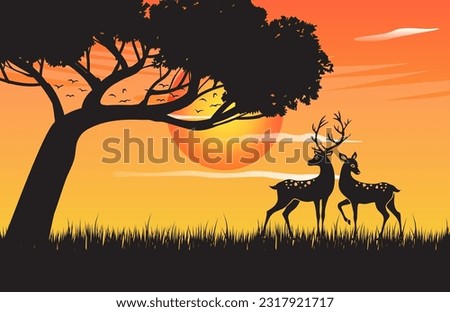 Landscape banner. Silhouette of deer, doe standing under a tree in forrest. Silhouette of animal, trees, grass. Magical misty landscape, bird and Sun. Orange and yellow illustration.