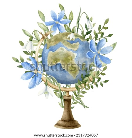 Vintage Globe with blue flowers. Hand drawn watercolor illustration with retro model of Earth and wild plants on white isolated background for science or education. Drawing of map for icon or logo.
