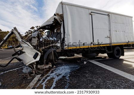 A serious accident between two lorries at a traffic light in Worcester, Breede River Valley, Western Cape, South Africa. Royalty-Free Stock Photo #2317930933