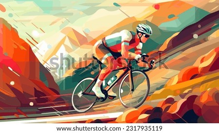 Professional bicyclist riding a bike on abstract orange color graphic background. Cycle sport low poly style poster, vector illustration Royalty-Free Stock Photo #2317935119