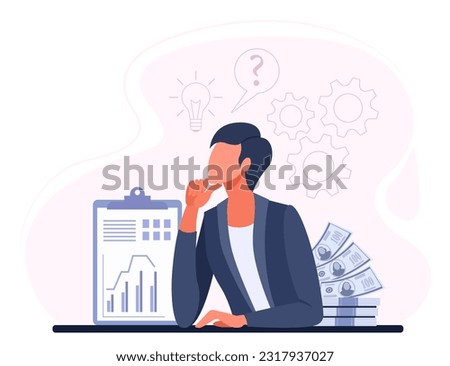 A business woman in a suit sits at her desk and thinks. The concept of the work of a businessman manager, searching for an idea, creating a new business, drafting a business plan. Vector illustration. Royalty-Free Stock Photo #2317937027