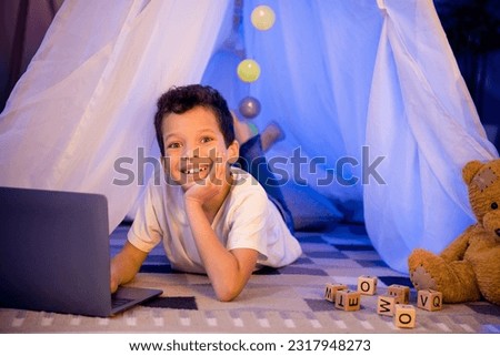 Photo of positive schoolkid boy have fun home slumber night party use netbook watch cartoon movie in playroom homemade camp