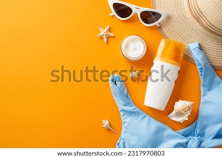 Ultraviolet Safety Month concept. Above view photo of straw hat and swimsuit top, marine shells and sunglasses and sunscreen spray on orange isolated background with copyspace
