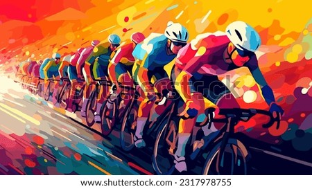 Bicycle racers competing on cycling championship. Cycle sports event, low-poly style colorful vector illustration. Royalty-Free Stock Photo #2317978755