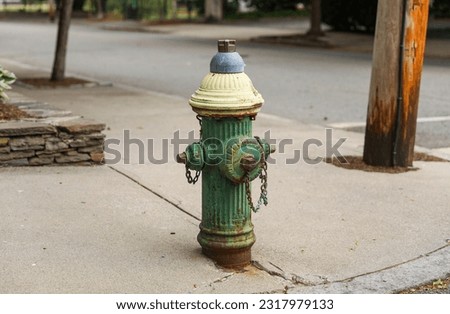 vibrant fire hydrant stands tall on a bustling city street, symbolizing safety, emergency preparedness, and the resilience of urban communities Royalty-Free Stock Photo #2317979133