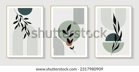 Set of 3 Minimalist wall art. Abstract geometric prints for boho aesthetic interior. Home decor wall prints, terracotta colors. Sun, rainbow and clay pots. Contemporary artistic printable vector