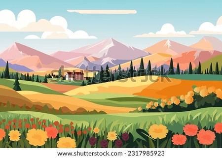 Beautiful vector landscape of mountains, fields, meadows, flower field, forest and sweet home. Warm landscape vector illustration. Cartoon flat panorama of spring and summer beautiful nature Royalty-Free Stock Photo #2317985923