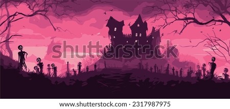 The night of the bonfire on purple background with skeletons on the hill, haunting houses,  Royalty-Free Stock Photo #2317987975