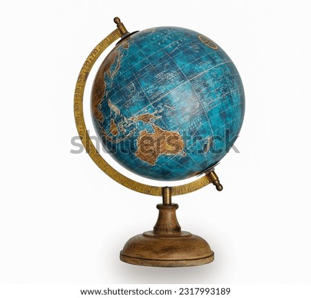 Table world wooden Globe model in blue color isolated on white background. Royalty-Free Stock Photo #2317993189