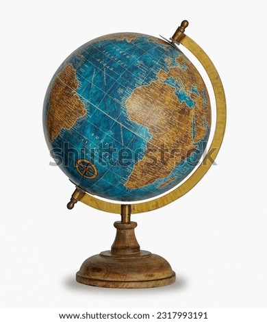 Table world wooden Globe model in blue color showing Africa map isolated on white background. Royalty-Free Stock Photo #2317993191