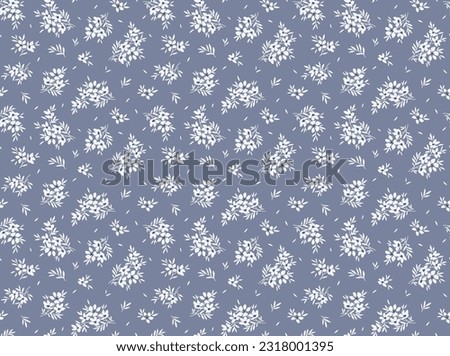 Ditsy floral pattern. Abstract flowers on gray blue background. Printing with small white flowers. Cute print. Seamless vector texture. Spring motif.