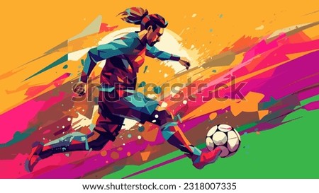 Dribbling soccer player with football ball, flat art style colorful poster, vector illustration. Royalty-Free Stock Photo #2318007335