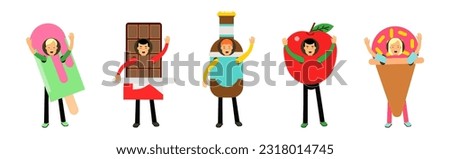 People Character Wearing Food Costumes Standing and Waving Hand Vector Illustration Set