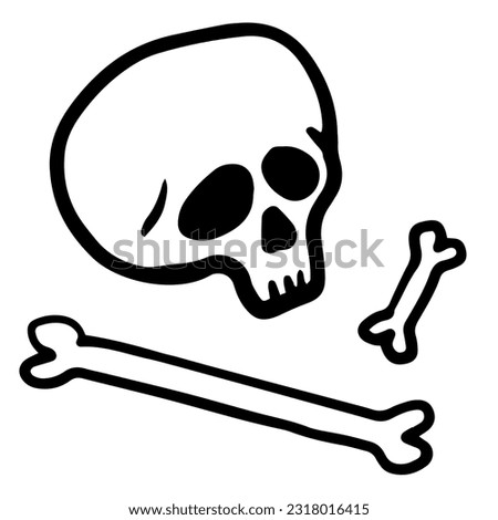 Human skull bones. Hand drawn black line art vector illustration. Death symbol. Doodle skull skeleton for halloween, pirate, archaeological, paleontological magic, alchemy poster, book, game, web 