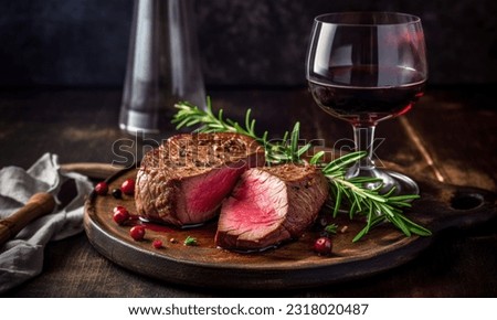 Traditional bbq dry wagyu fillet steak with herbs and glass of wine close-up on gray board