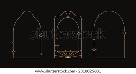 Vector set of linear minimalistic aesthetic frames and borders with stars. Rectangular, arch modern geometric shapes in art deco style with sparkles for social media, decoration, logo design template