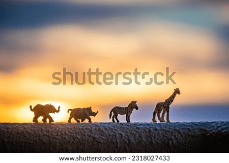 Miniature animals. Miniature giraffe, zebra, hippopotamus and elephant moving in as straight line in a background of sun rise.