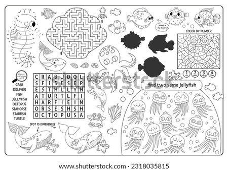 Vector under the sea placemat. Ocean life line printable activity mat with maze, word search puzzle, shadow match, find difference. Underwater black and white play mat, menu, coloring page
