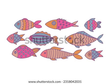 set of cute little colored fish for design items for children isolated on a white background. Beautiful fish for banners, wallpapers, textiles, books, cards, toys for children. flat design. vector