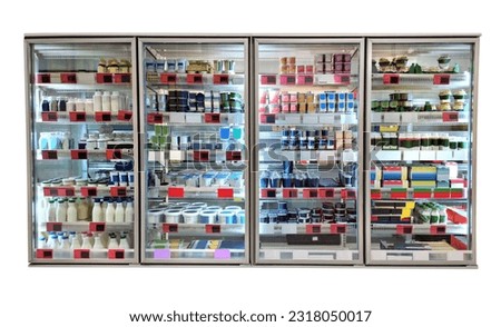dairy products, food in refrigerator of supermarket. commercial image Royalty-Free Stock Photo #2318050017