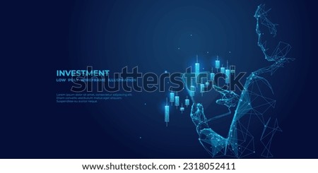 Abstract businessman is holding tablet with stock market candlestick hologram. Digital Trading or Investment concept. Futuristic low poly investor in technological blue. Vector 3D illustration. Royalty-Free Stock Photo #2318052411