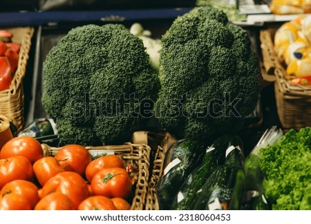 Broccoli on the vegetable counter in the store. Healthy food, fiber, greens. Healthy food, lifestyle.
