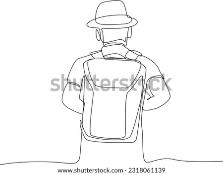 One continuous line drawing of a young man solo traveling. minimalist holiday concept. The single line draws vector graphic design illustration.