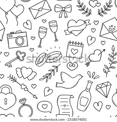 Seamless pattern of Wedding doodle.  Marriage symbols: rings, dove, champagne, hearts in sketch style. Hand drawn vector illustration