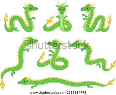 Illustration set of cute green dragon characters in various poses