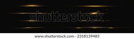 Gold line light glow with sparkle and flare shine. Horizontal golden neon streak effect isolated on transparent background. Magic flash laser strip divider with glitter shimmer design illustration Royalty-Free Stock Photo #2318139483