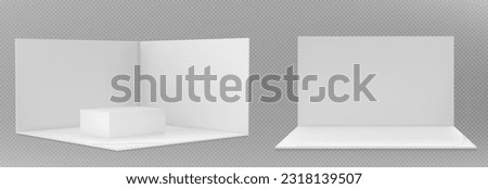 3d promotional event stand booth white wall mockup. Exhibition room with floor design perspective front and side view isolated set. Blank corner display showroom with podium for kiosk or fair area. Royalty-Free Stock Photo #2318139507