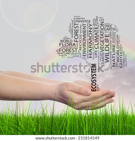 Concept conceptual black text word cloud tree man or woman hand on rainbow sky grass background, metaphor to nature, ecology, green, energy, natural, life, world, global, protect or environmental