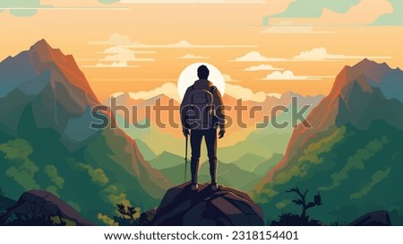 Man with backpack, traveller or explorer standing on top of mountain or cliff and looking on valley. Concept of discovery, exploration, hiking, adventure tourism and travel. Royalty-Free Stock Photo #2318154401
