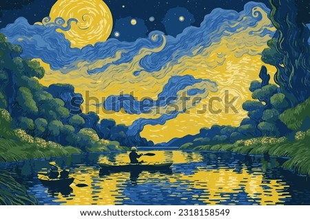 Men fishing in kayaks on a river against a sunset backdrop.Vector illustration inspired by the painting of Vincent Van Gogh - Moonlit Night. Royalty-Free Stock Photo #2318158549